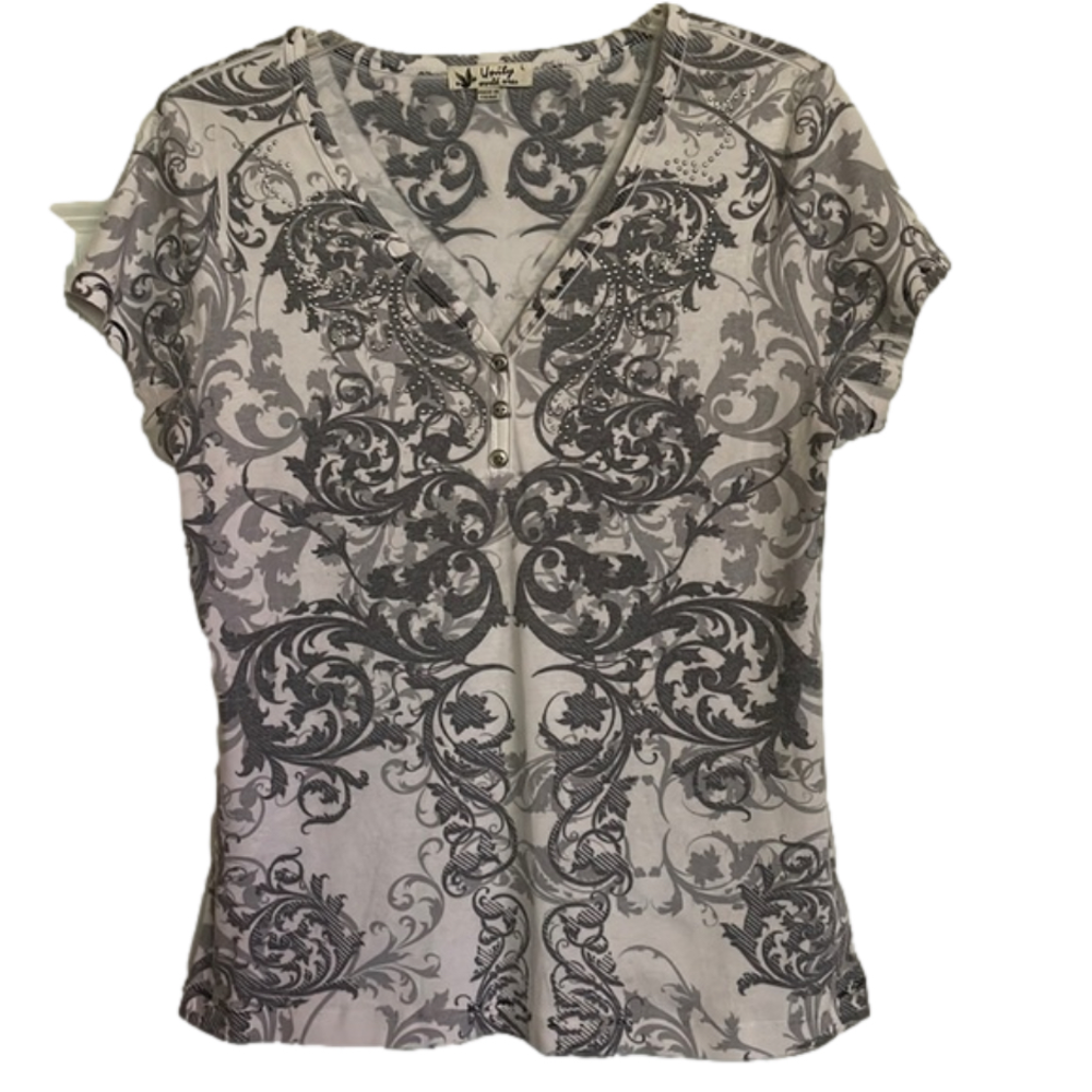 UNITY WORLD WEAR Damask Patterned Top, Women’s L, Gray White